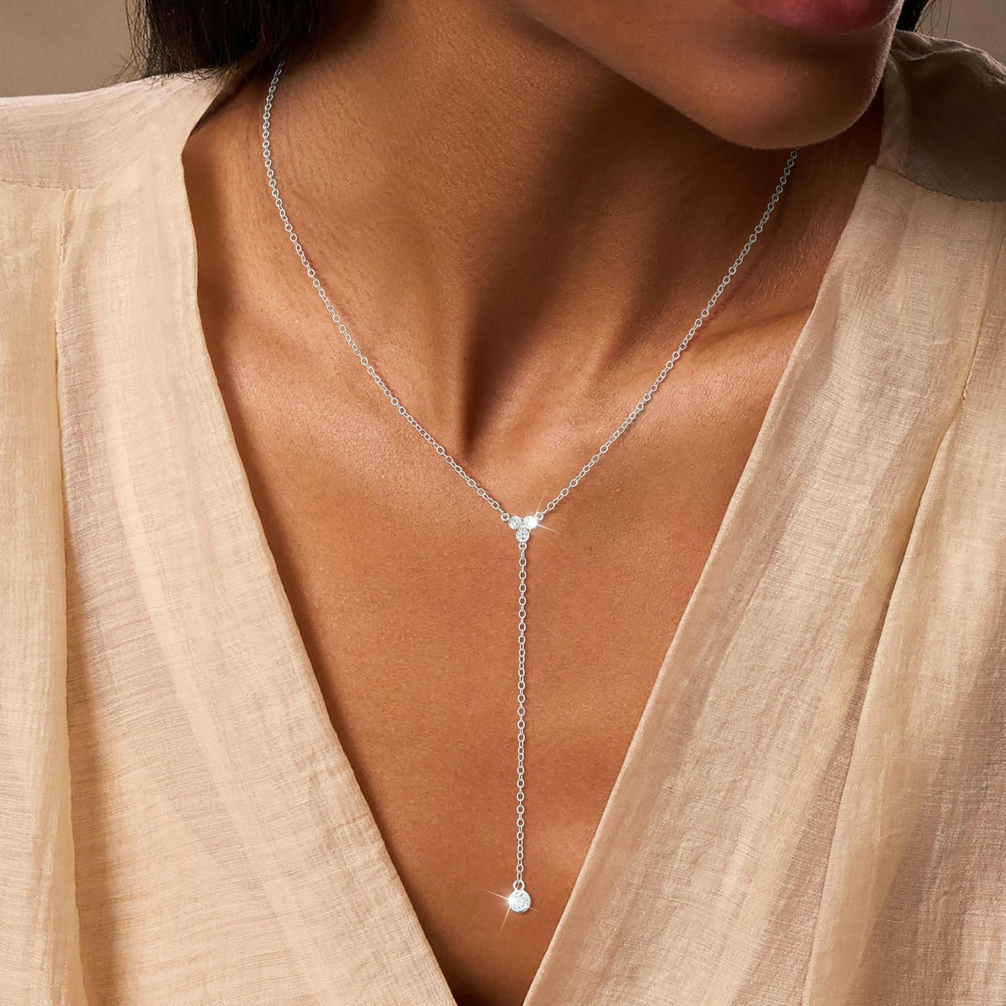 JIKASI Silver Drop Necklaces for Women Trendy Silver Layered Y-Shaped Necklace Dainty Drop Dangle Chain Simple CZ Necklaces Wedding Jewelry Gifts for Woman