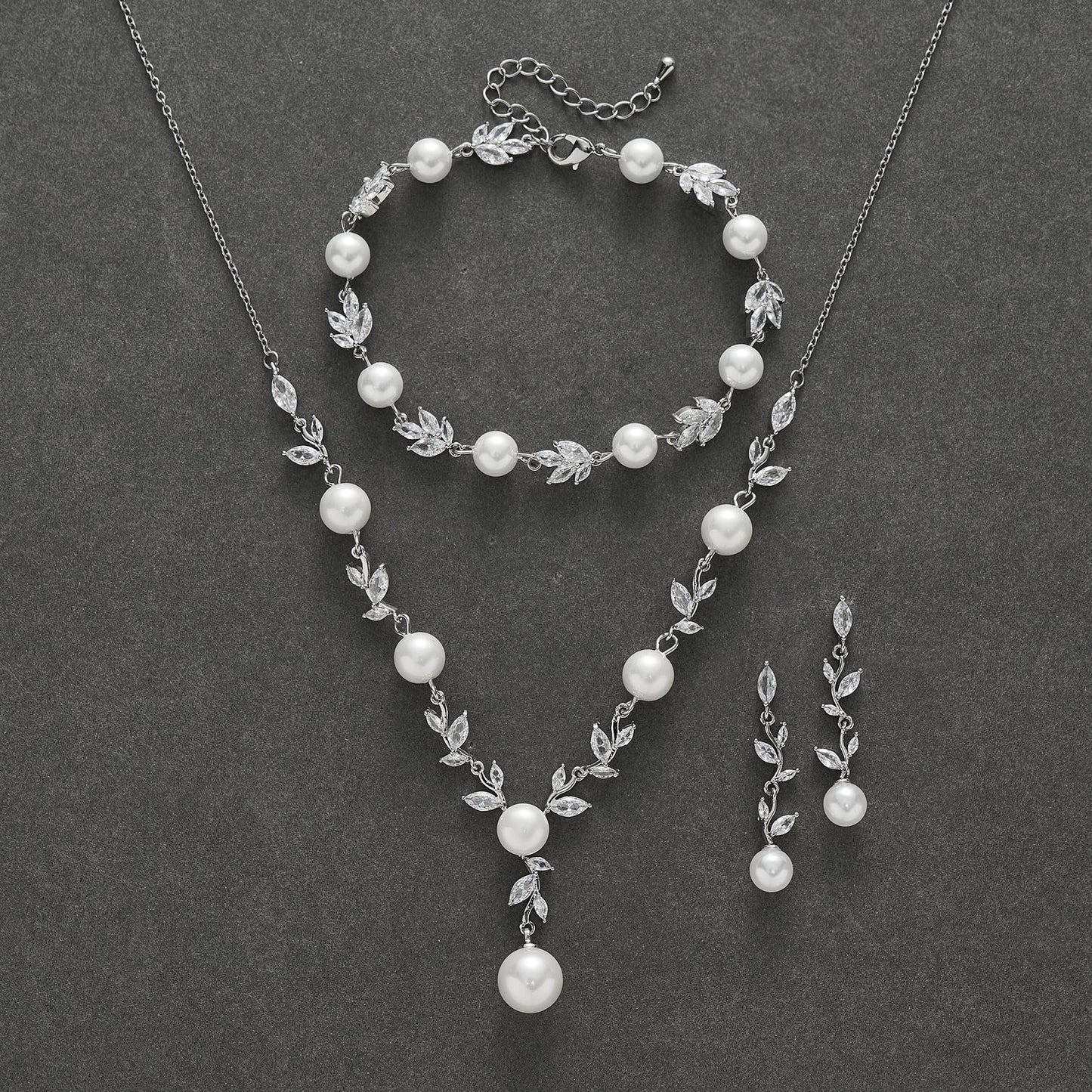 SWEETV Wedding Jewelry Set for Bride Women, Silver Cubic Zirconia Pearl Bridal Earrings Necklace Bracelet Set, Bridal Jewelry Set for Wedding Prom
