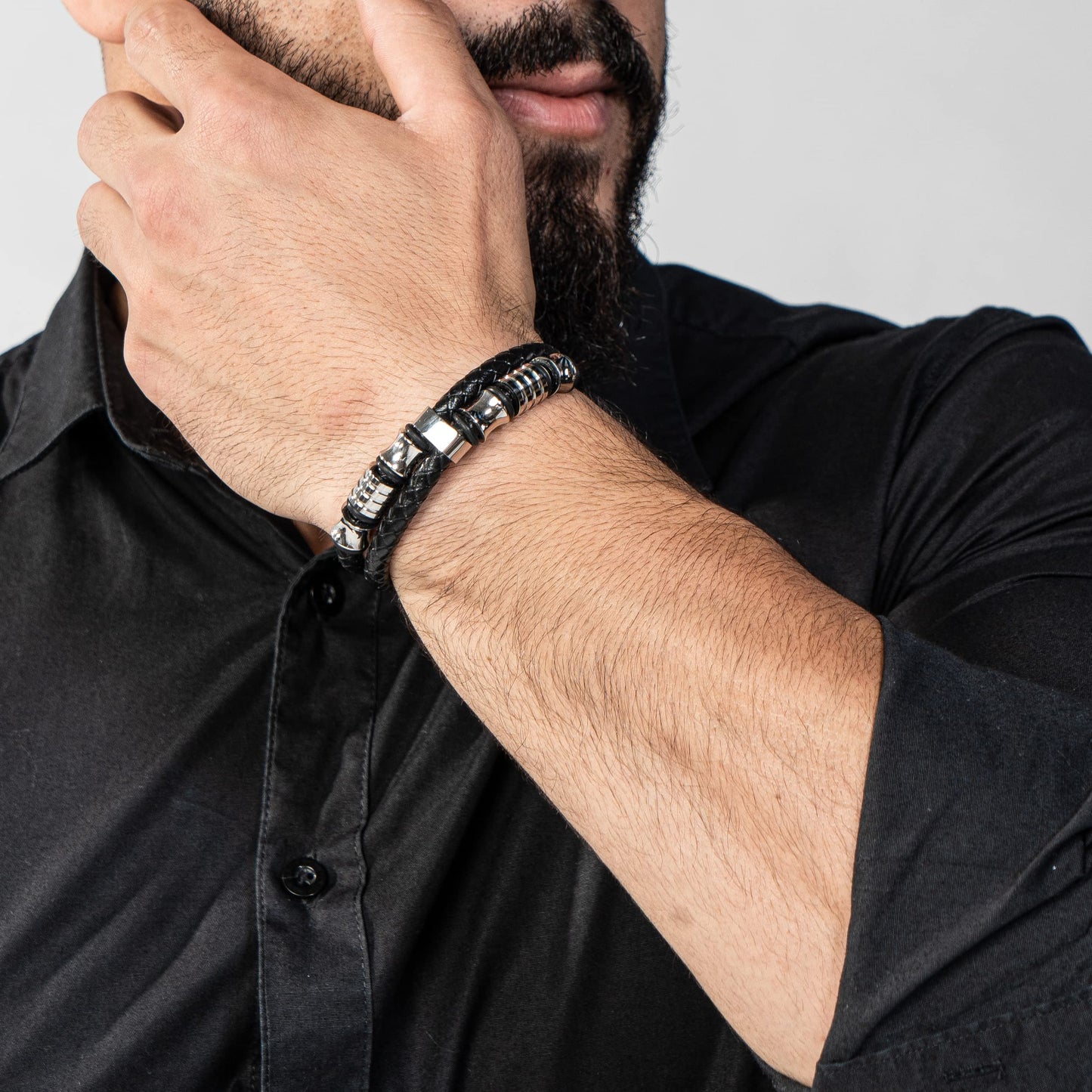 SERASAR 8″ Silver Leather Bracelets for Men Mens Cowhide Gift Box Braided Bracelet Stainless Steel Jewelry Wrist Band Cuff Wrap Rope Bangle Dad Pulseras para Hombres Cuero Regalo