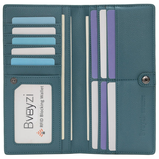Bveyzi Ultra Slim Thin Leather RFID Blocking Credit Card Holder Bifold Clutch Wallets for Women (Lake Blue)
