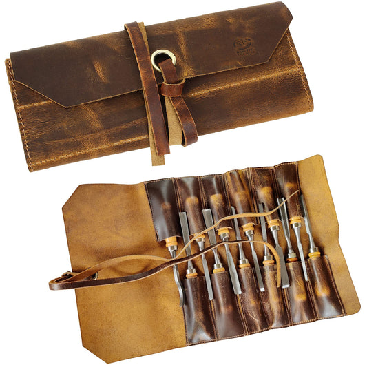 Leather Tool Roll Up Pouch - 12 Slots Portable Leather Tool Carry On Pouch, Vintage Handmade Wrench Roll/Chisel Storage Organizer Bag