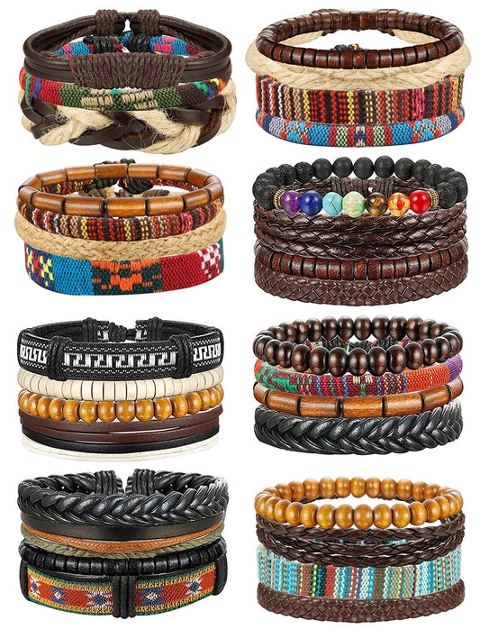 FIBO STEEL Braided Leather Bracelets for Men Women - Wooden Beads Cool Wrap Cuff Bracelets Mens Hemp Tribal Wristbands Punk Vintage Bracelet Set 31 Pcs