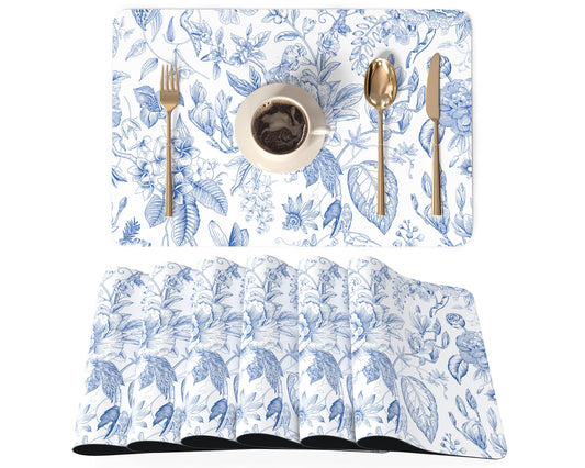 QiyI Placemats Set of 6, 12x18 Inch Faux Leather Place Mats for Kitchen Dinning, Heat Resistant Anti Slip Floral Table Mats, Waterproof Wipeable Washable Placemat Party Table Décor, Blue Flowers