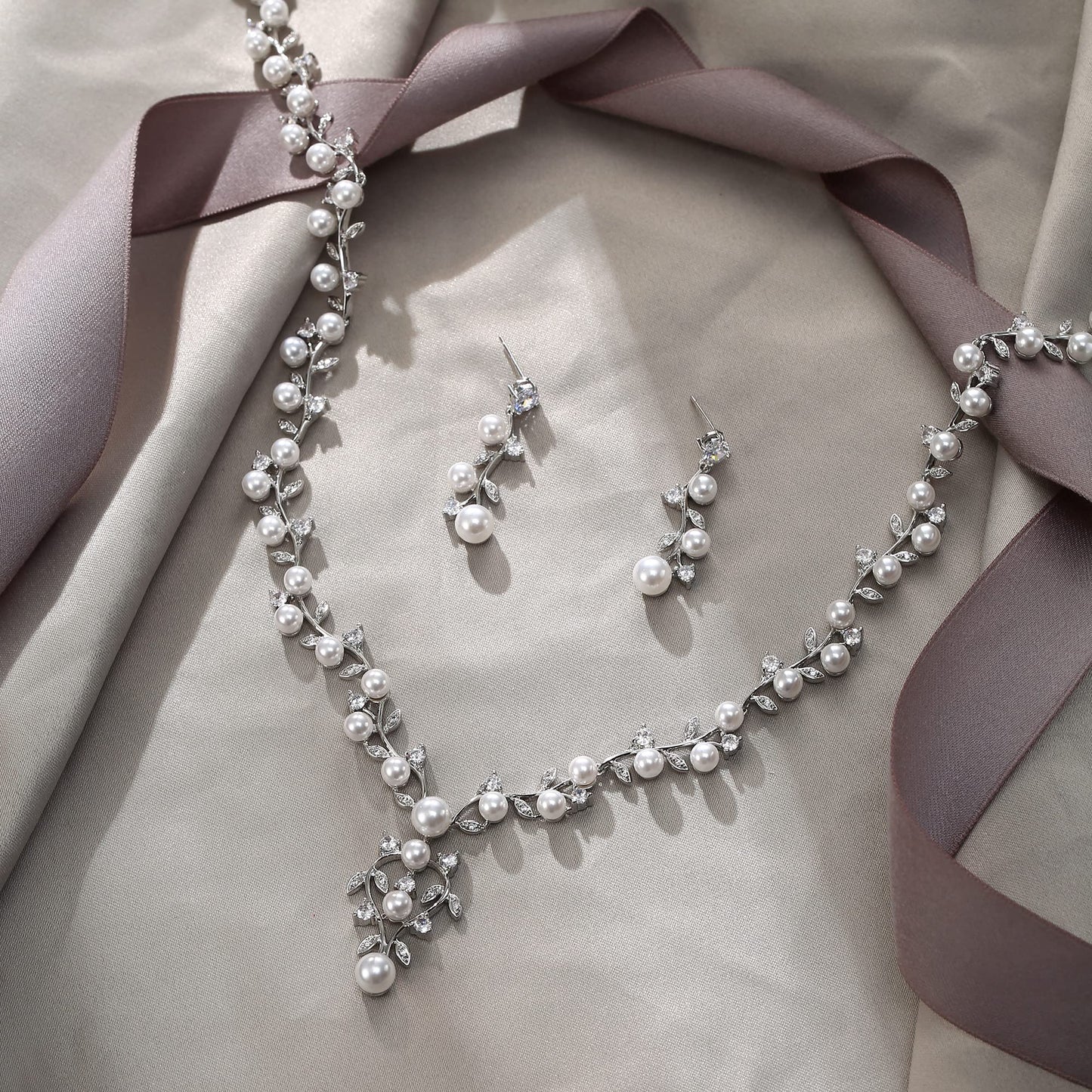 EVER FAITH Bridal Jewelry Sets for Women, White Cubic Zirconia Simulated Pearl Leaf Vine Wedding Necklace Dangle Earrings for Bride Bridesmaid Clear Silver-Plated-Brass