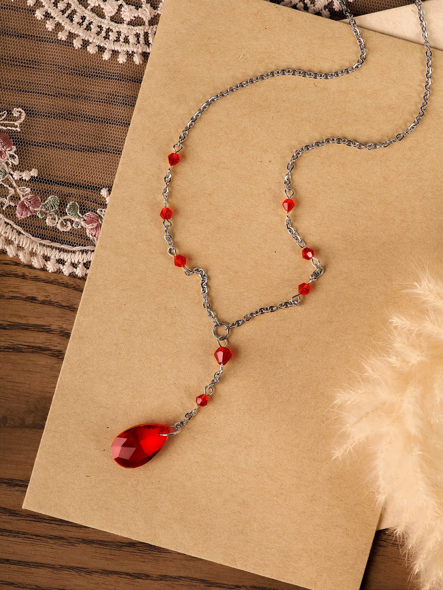 Sacina Gothic Red Dainty Teardrop Y Necklace, Gothic Emo Grunge Necklace, Goth Jewelry, Christmas Jewelry Gift for Women