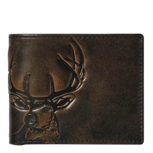 House of Jack Co. Deer Men's Classic Bifold Wallet, Full Grain Leather Hunting Wallet, 8 Card Slots, Camo Lining, Embossed Whitetail Deer, Hunter Gift for Men, Black