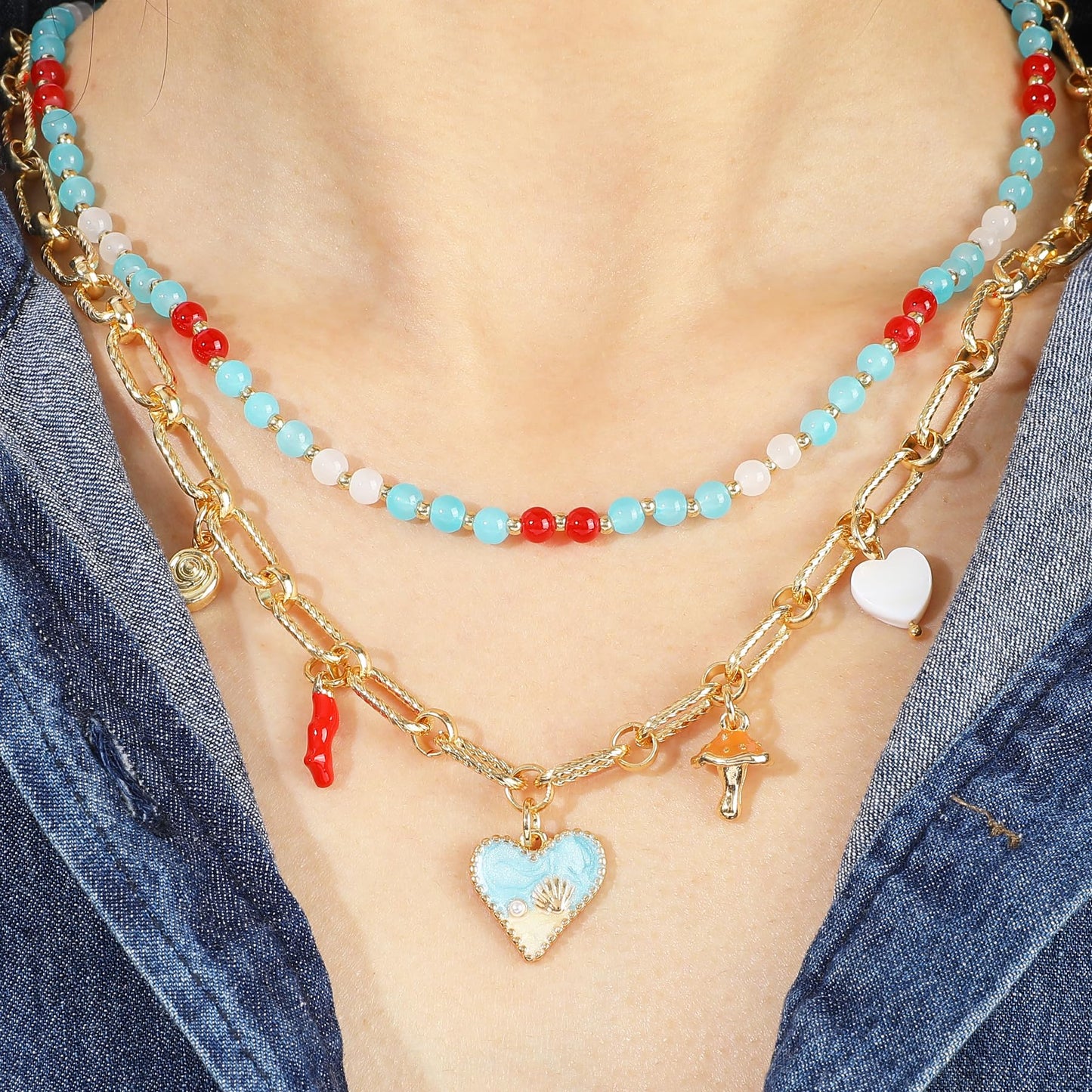 NEKOL Layered Gold Heart Necklaces for Women Western Summer Beach Ocean Vacation Gold Chain Jewelry Accessories Gifts Boho Sea Shell Conch Coral Mushroom Choker Cute Pendant Beaded Necklace Stack