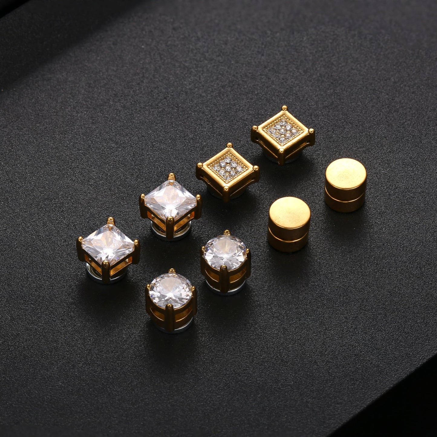 Jstyle 4 Pairs Stainless Steel Magnetic Stud Earrings for Men Women Gold CZ Non-Piercing Clip On Stud Earrings Set 7 MM