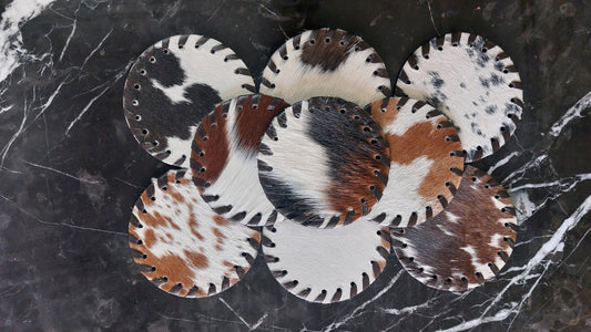 Cowhide Coasters Set of 6 pcs Round Natural Cowhides Drink Pads Hair On Genuine Leather Tea Cup Mats Home Decor & Home Living Ideas Multicolor Furry, Stain Protection