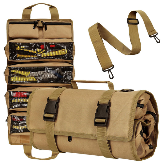 Tool Bag,Gifts for Men,Roll Up Tool Bag, Rollable Carrying Toolbag,Heavy Duty Tool Organizer, Foldable Empty Rollup Organizer with 2 Small Pouches (Khaki)