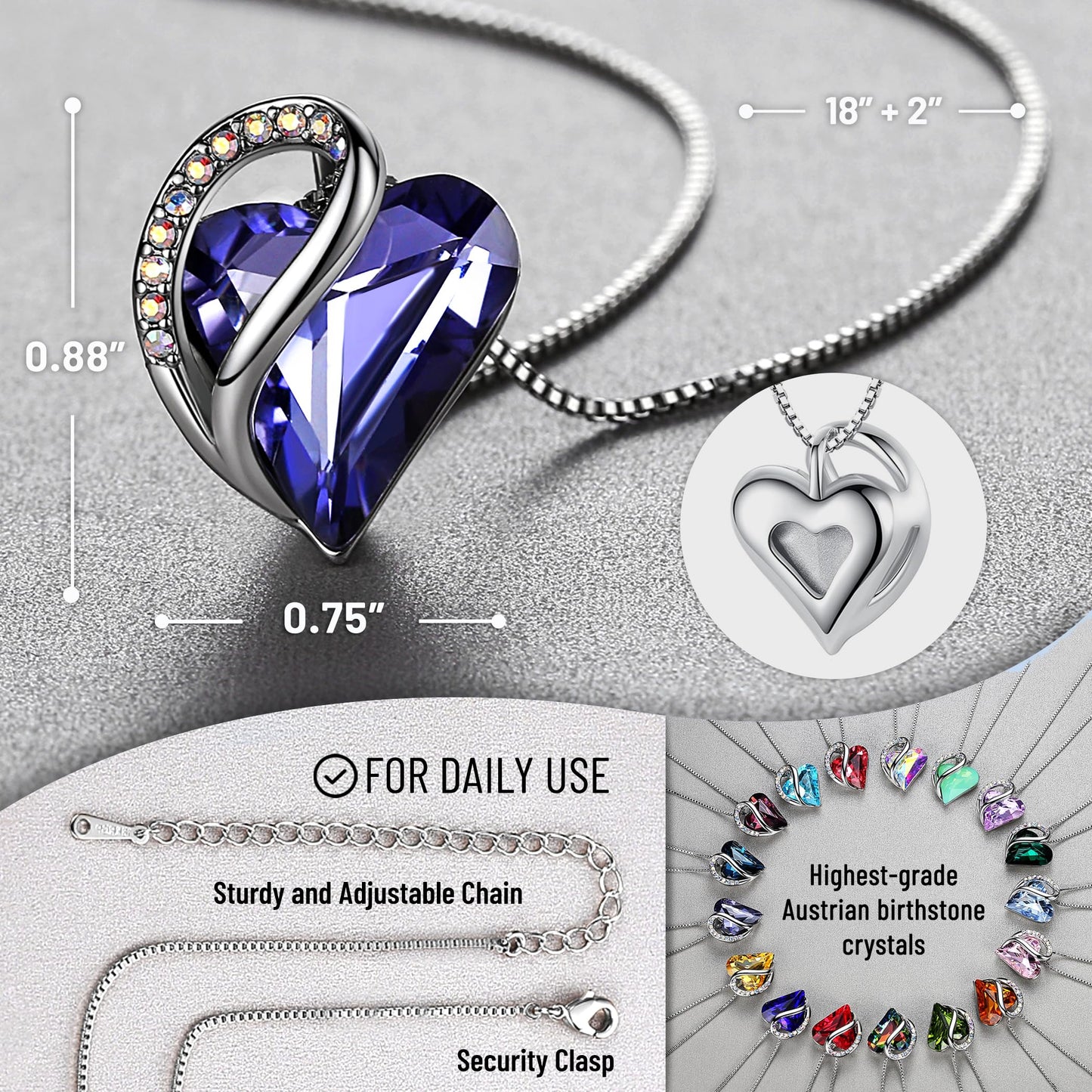 Leafael Gift Necklaces for Women, Infinity Love Birthstone Heart Pendant, Tanzanite Purple Crystal for February, Birthday Jewelry for Her, Mom, and Wife, Silver Plated, 18" + 2" Chain