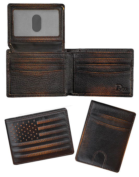 DK86 Wallet for Men Slim Rfid Bifold Genuine Leather 2 ID Window With Gift Box (black brown with US flag)