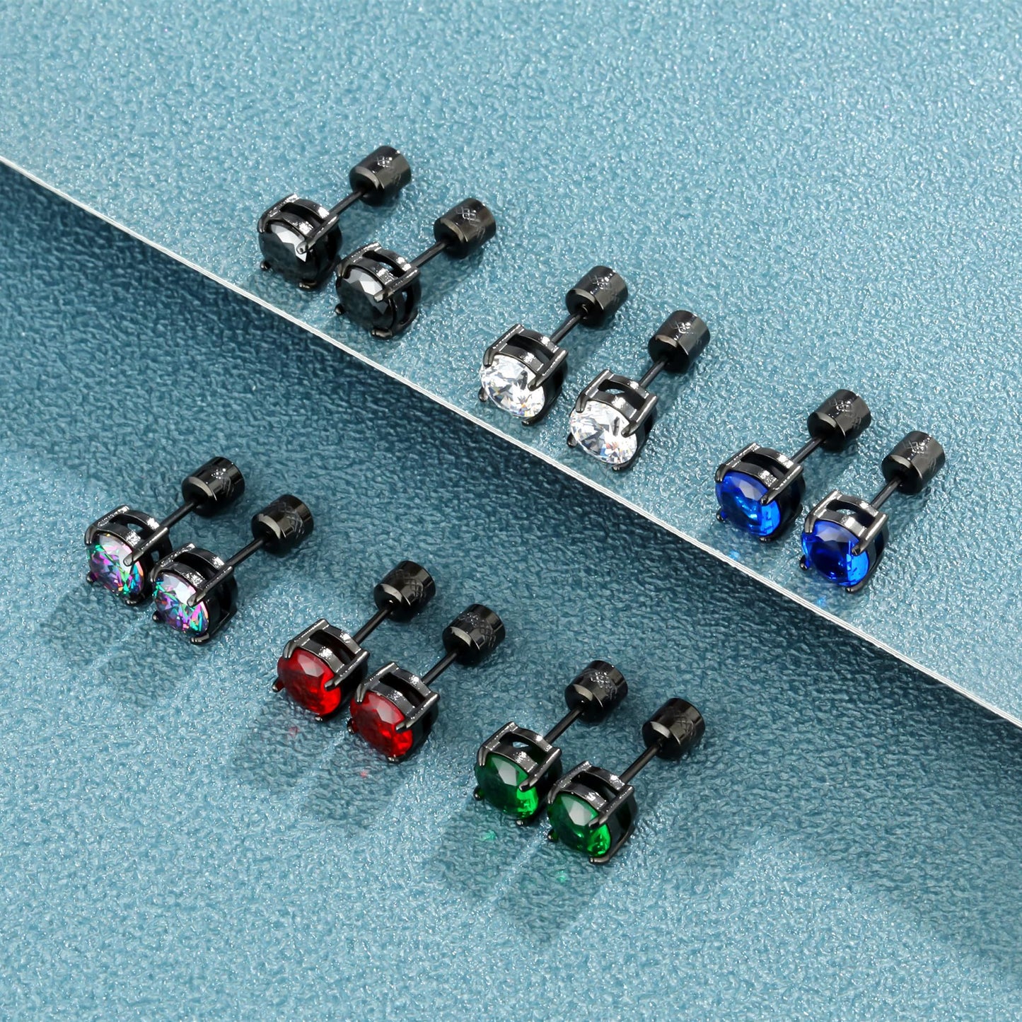 Hopply 4 Pairs Titanium Screw Back Surgical Stainless Steel Earrings for Women Men,Rainbow 5A Cubic Zirconia Studs Double Side Earrings Piercing Sleeper Jewelry 6mm (Silver/Black CZ 3-6mm)