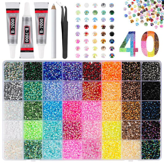 Canvalite 40000Pcs 40 Colors Jelly Rhinestones for Bedazzling, 3mm Multicolor Resin Flatback Gems for Diamond Art, Bedazzler Kit with 3Pcs 10ml B7000 Jewelry Glue for Crafting Book Shoes Nail Art
