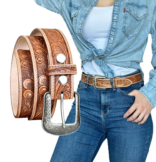 DANIEL'S ARTPLANET Women’s Western Leather Belt Cowgirl Belt For Jeans Pants Dresses Engraved Tooled Ladies Western Belt