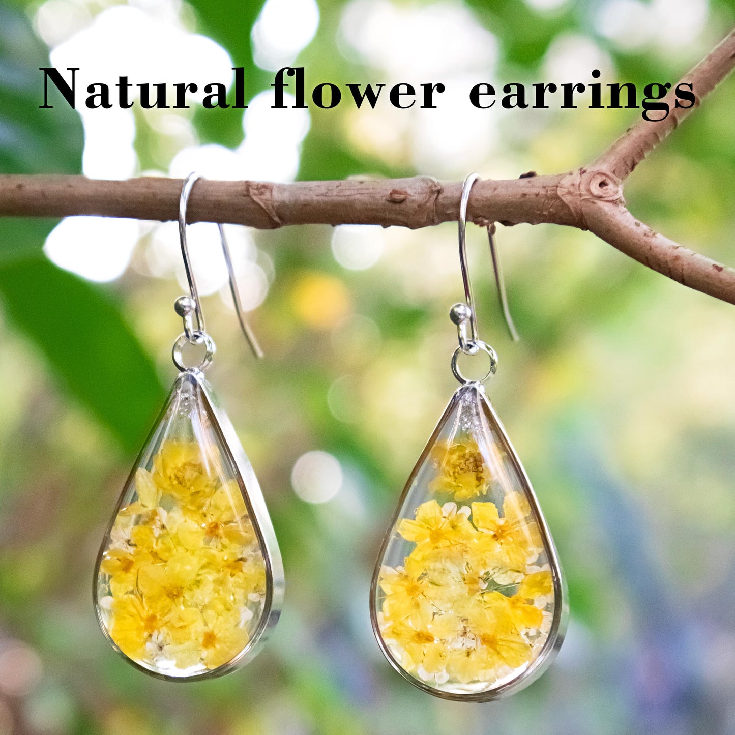 925 Sterling Silver Pressed Flower Teardrop Earrings,Hypoallergenic Women's Jewelry Gift for Mom,Handmade natural dried flower teardrop earrings Jewelry Gift (Yellow jade beads silver)