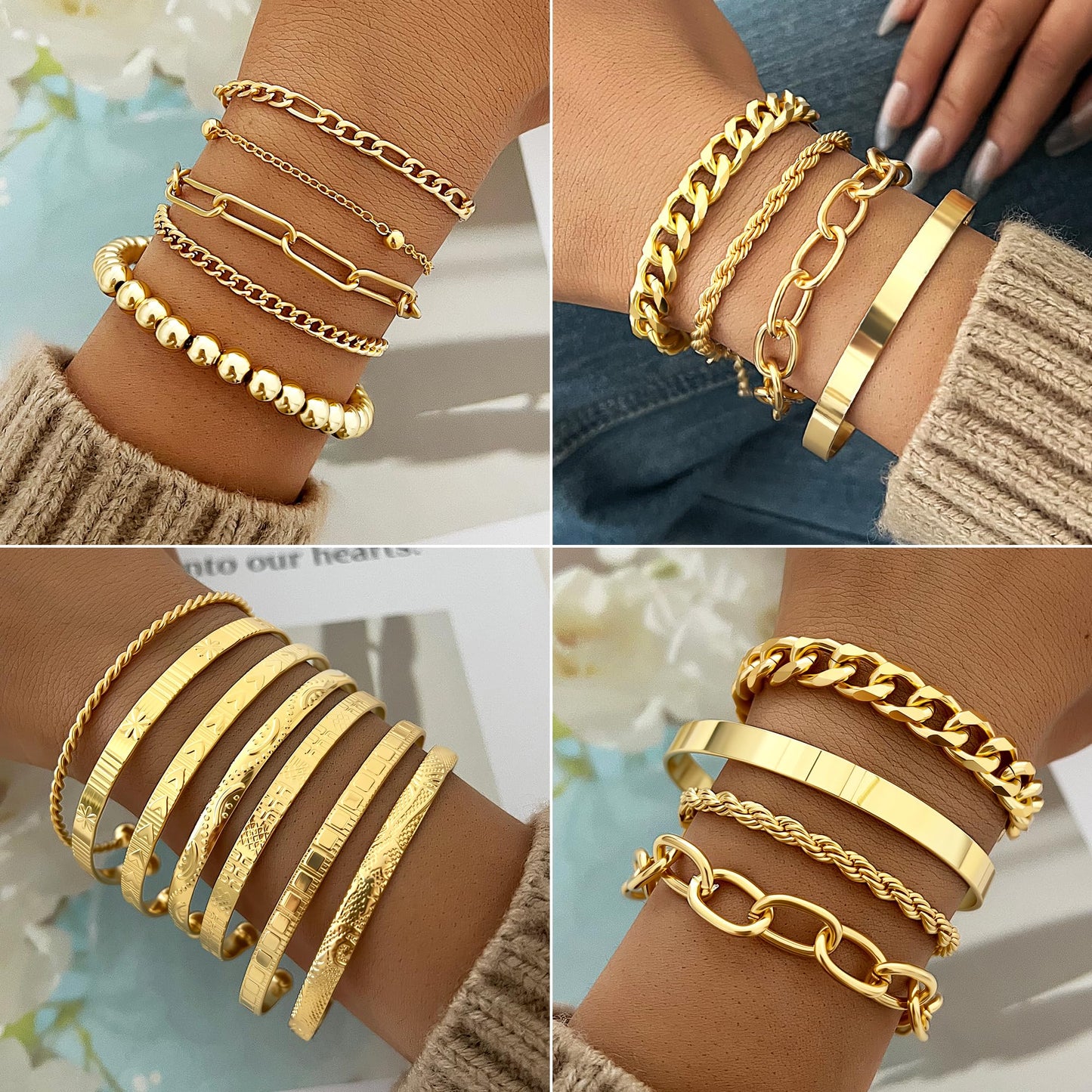 FAXHION 68 Pcs Gold Jewelry Set for Women with 7 Necklace, 17 Bracelet, 5 Hoop Earrings, 15 Stud Earrings, 24 Knuckle Rings for Women Jewelry Set for Women