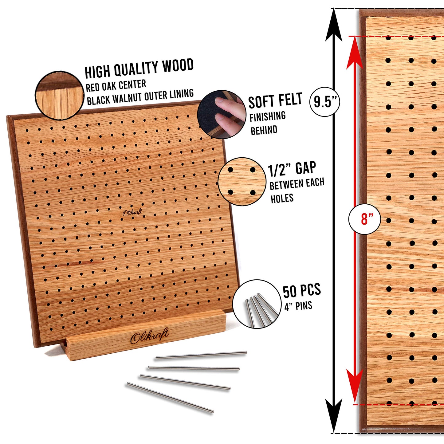 Olikraft Crochet Blocking Board with 50 Pins and Wooden Yarn Swift – Premium Red Oak Blocking Board for Crochet Projects (8 inches) Yarn Swift for Tangle-Free Yarn Management