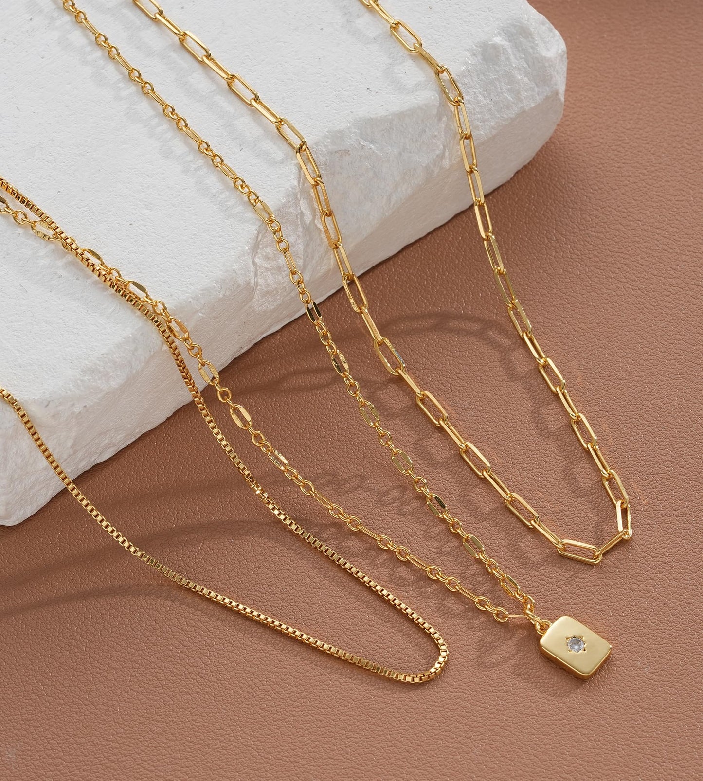 YEEZII Layered Gold Necklaces for Women Trendy, 14K Gold Plated Choker Paperclip Box Chain Necklace, Stackable Women's Gold Pendant Necklaces Jewelry Set