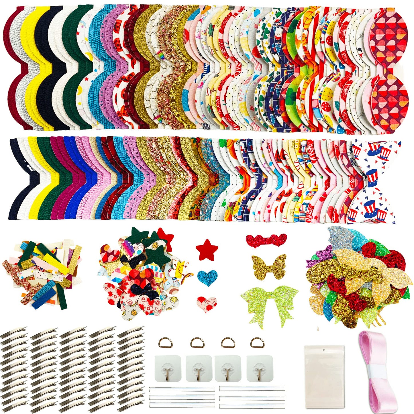 AOUXSEEM 348 Pcs 60 Set Faux Leather Hair Bows DIY Making Kit for Beginners, Contains Assorted Random Printed Glitter Solid Fabric Pre Cut Pieces, Make Stylish Hair Clips