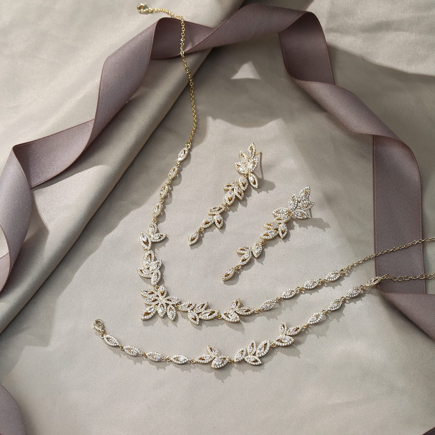 EVER FAITH Cubic Zirconia Bridal Jewelry Set for Bride Bridesmaid, Elegant Marquise Leaf Necklace Dangle Earrings Bracelet Sets for Woman Clear Gold-Plated-Brass
