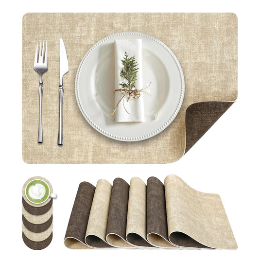 Fyvva Placemats Set of 6, Faux Leather Heat Resistant Wipeable Placemats, Dual Sided Waterproof Washable Table Mats with Coaster, Suitable for Kitchen, Dining, Table Decor (6, Beige Dark Coffee)