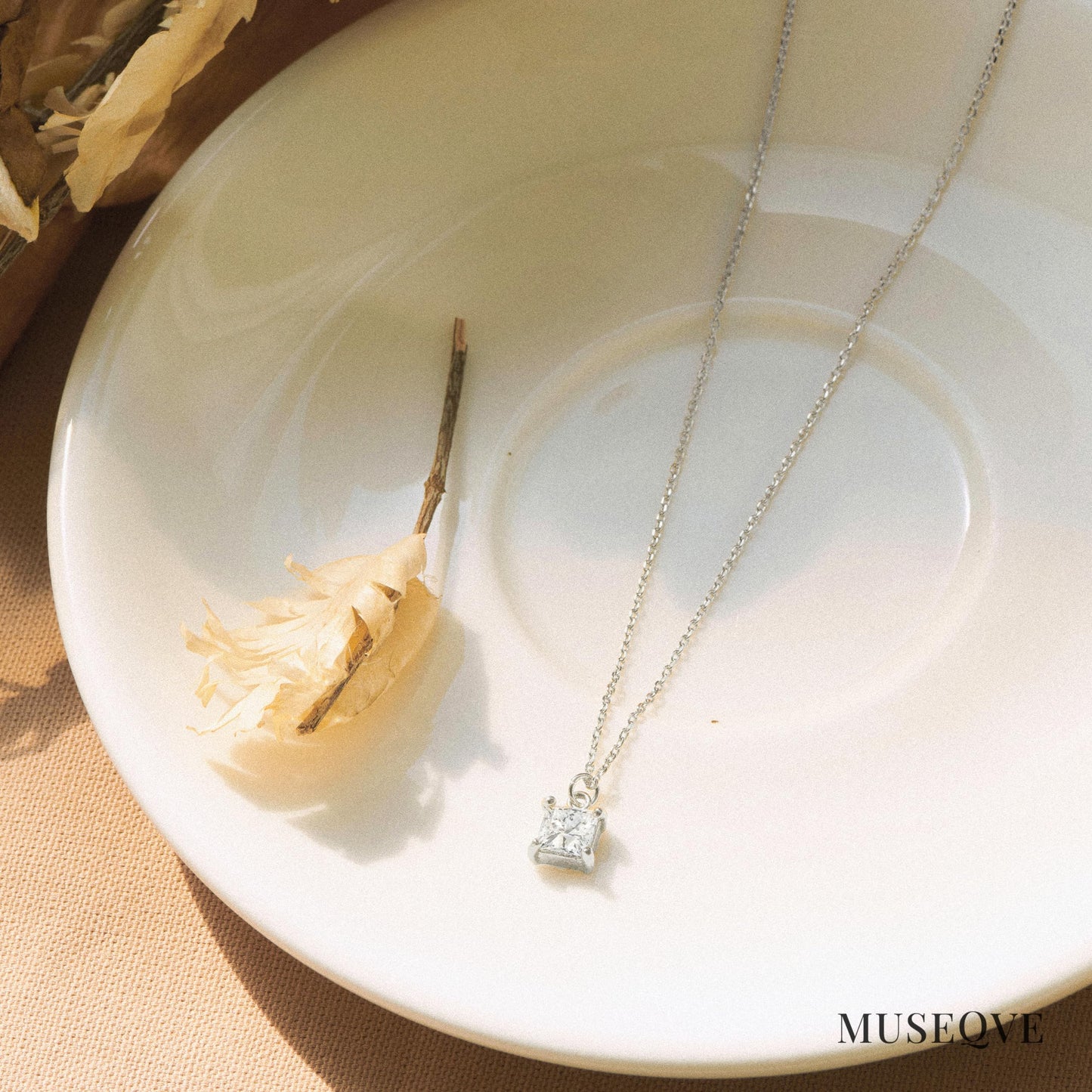 MUSEQVE 14K Gold Plated Solitaire Necklace for Women • Square CZ Diamond Princess Cut Cubic Zirconia Pendant Jewelry • Adjustable Chain Non Tarnish Bridesmaid Gifts [CZN-SQ-S]