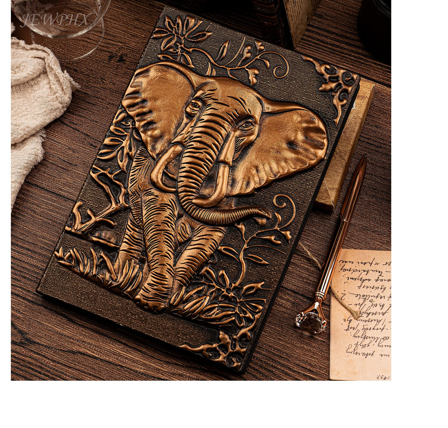 3D Elephant Vintage Leather Journal Writing Notebook with Pen Set,Antique Handmade Leather Daily Notepad Sketchbook,Travel Diary&Notebooks to Write in,Elephant Journal Gift for Men Women