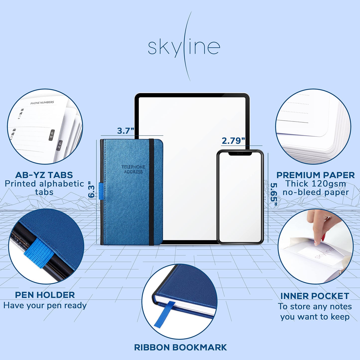 Skyline Address Book – Mini Telephone Contact Book with Password Log for Purse – Small Phone Number Book for Women & Men – Pocket Size, 3.5x6.2″, Hardcover (Mystic Blue)