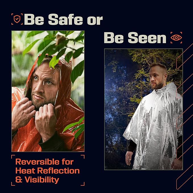 PREPARED4X Emergency Poncho and Mylar Blanket Liner - Waterproof, Wind-Resistant Outdoor Rain Poncho for Camping, Emergencies