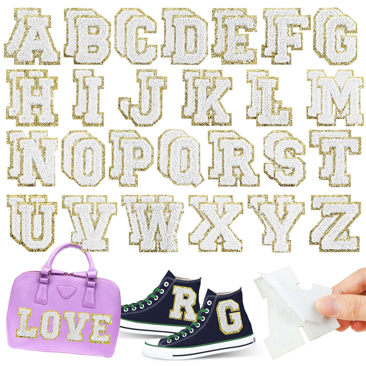 Ssyuysto 52PCS Chenille Self Adhesive Letter Patches Gold Glitter Border Preppy Varsity Alphabet A-Z 2.2'' Large Embroidered Initial Appliques for Jackets Backpacks Trucker Hats DIY Crafts(White)