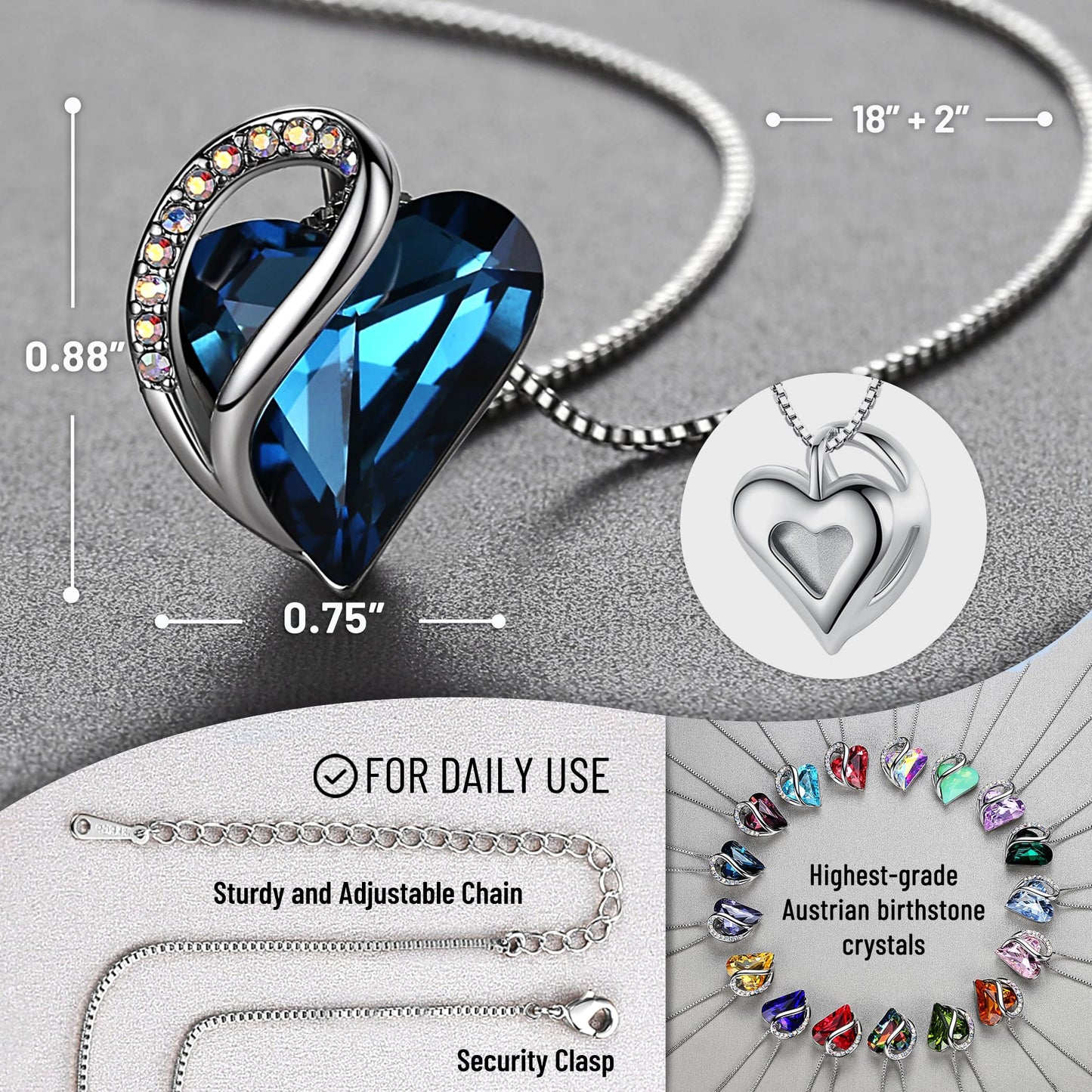 Leafael Gift Necklaces for Women, Infinity Love Birthstone Heart Pendant, Bermuda Sapphire Blue Crystal for September, Birthday Jewelry for Mom and Wife, Silver Plated, 18" + 2" Chain