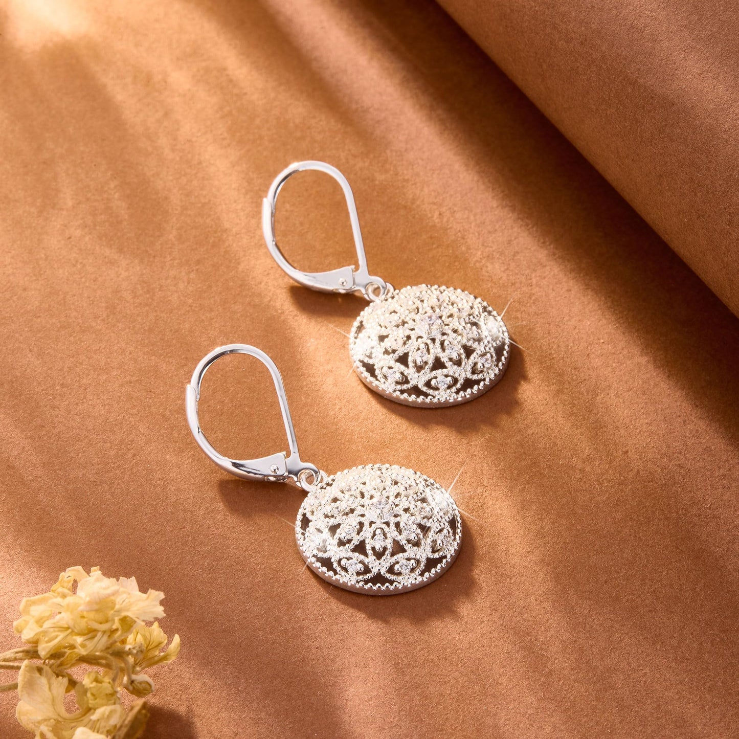 LANCHARMED Sterling Silver Earrings - Circle Drop Dangle Earrings for Women Cubic Zirconia Diamond Drop Earring Hypoallergenic Leverback Circle Filigree Diamond Earings Silver Jewelry for Women Gifts