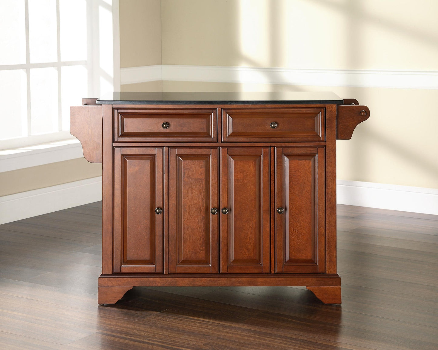 Crosley Furniture Lafayette Granite Top Rolling Kitchen Island Storage Cart, Microwave Stand, Spice Rack, Cherry