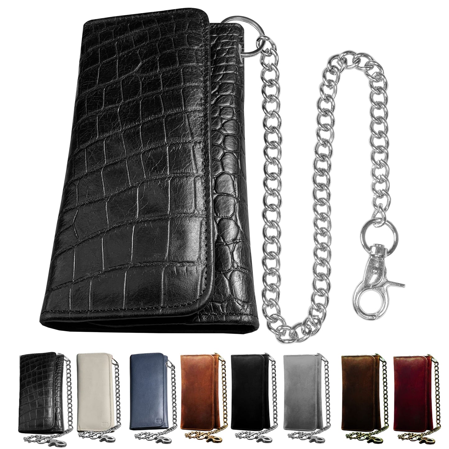 IBRO Motorcycle Chain Wallet for Men – Premium Cowhide Leather, RFID Tri-Fold Biker Wallet with Heavy Duty Chain for Bikers Truckers & Hunters, Credit Card Money Organizer Long Wallet Crocodile Black