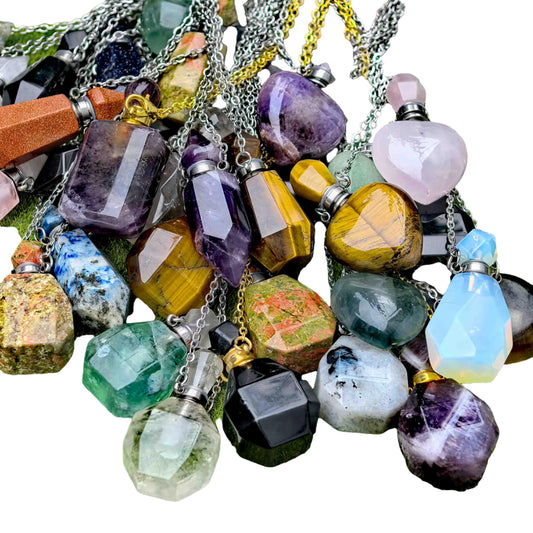 Crystal Quartz Perfume Bottle Pendant Necklace, Essential Oil Diffuser Vial jewelry, Reiki Healing Crystal accessories Gift for Women (golden chain/column,tiger's-eye)