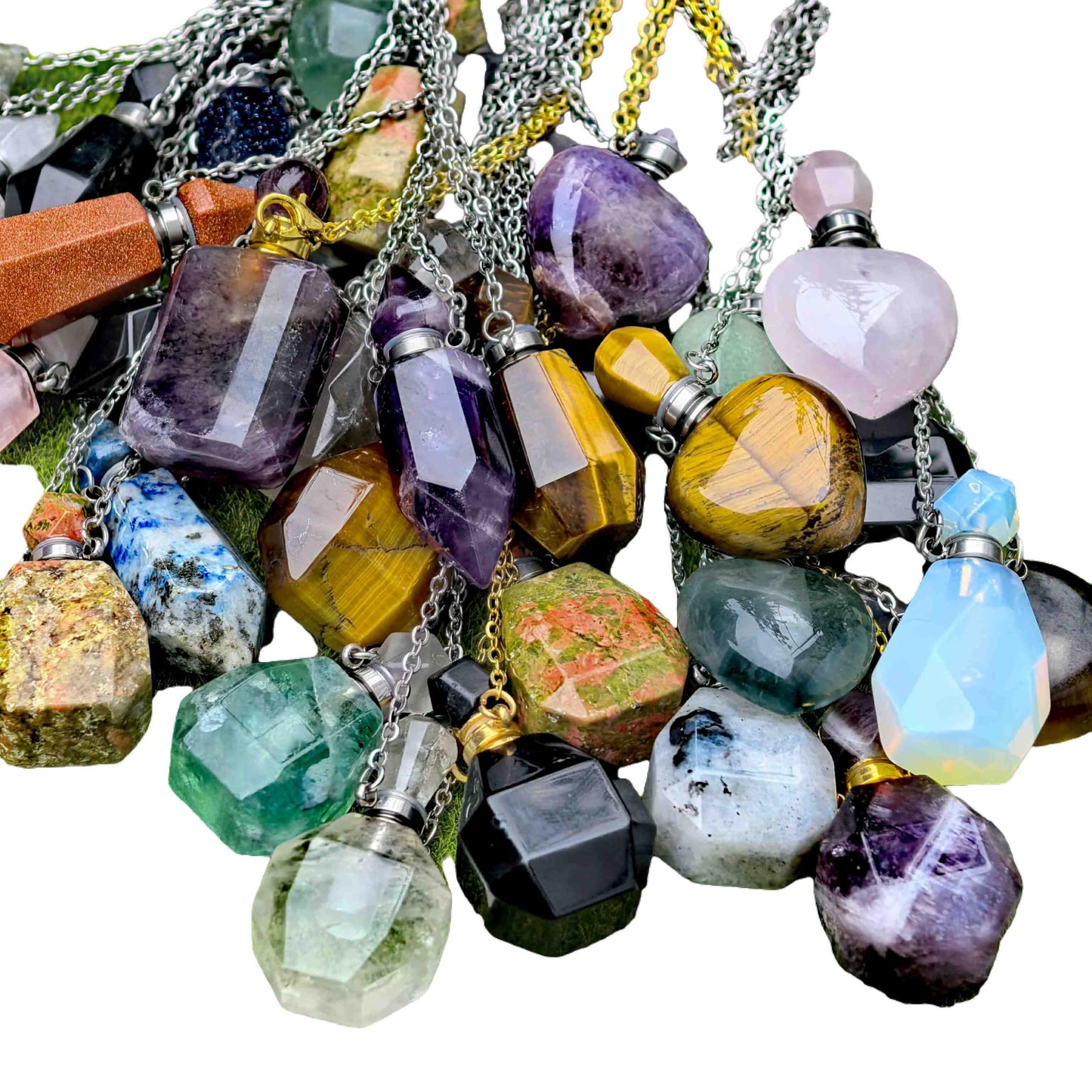 Crystal Quartz Perfume Bottle Pendant Necklace, Essential Oil Diffuser Vial jewelry, Reiki Healing Crystal accessories Gift for Women (golden chain/cusp,tiger's-eye)