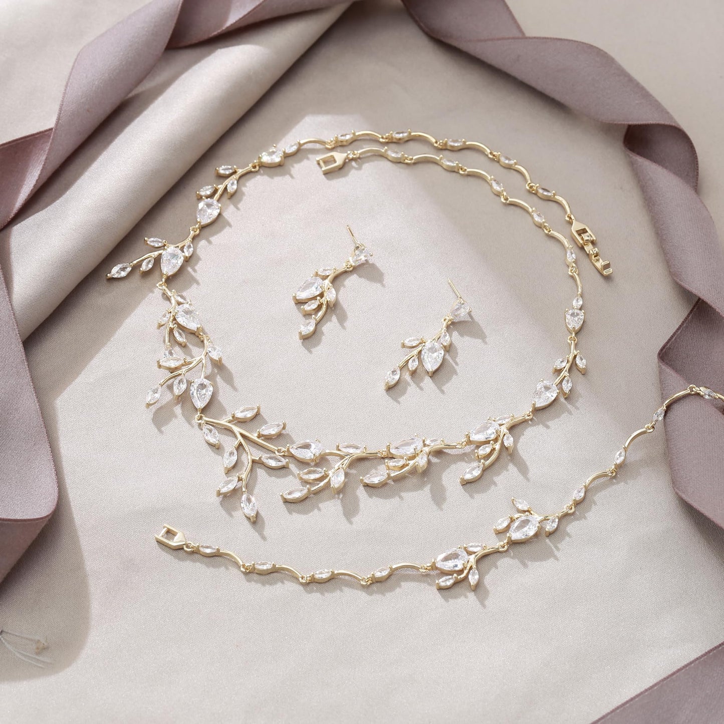 EVER FAITH Wedding Jewelry for Bride Women Bridesmaid, Sparkly Cubic Zirconia Pear-Shaped Birthstone Leaf Necklace Earrings Bracelet Set for Prom Clear Gold-Plated-Brass