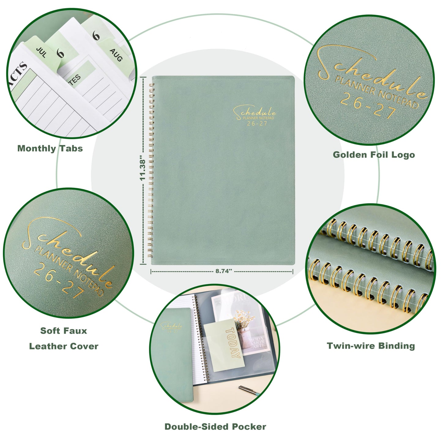 Appointment Book 2026-2027- Business Planner, JUL 2026 - JUN 2027,Planner 2026-2027, 3-Tier Schedule Planner, 8.74" x 11.38", 60 Minutes Intervals + Monthly Tabs + Leather Cover + Pocket - Pea Green