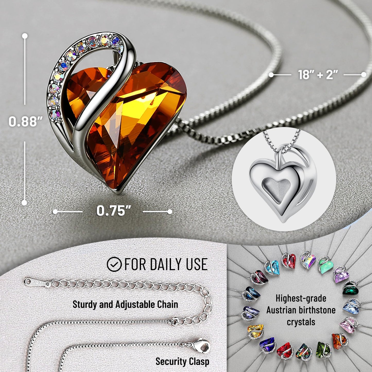 Leafael Gift Necklaces for Women, Infinity Love Birthstone Heart Pendant with Amber Brown Crystal for November, Birthday Jewelry for Her, Mom, and Wife, Silver Plated, 18" + 2" Chain