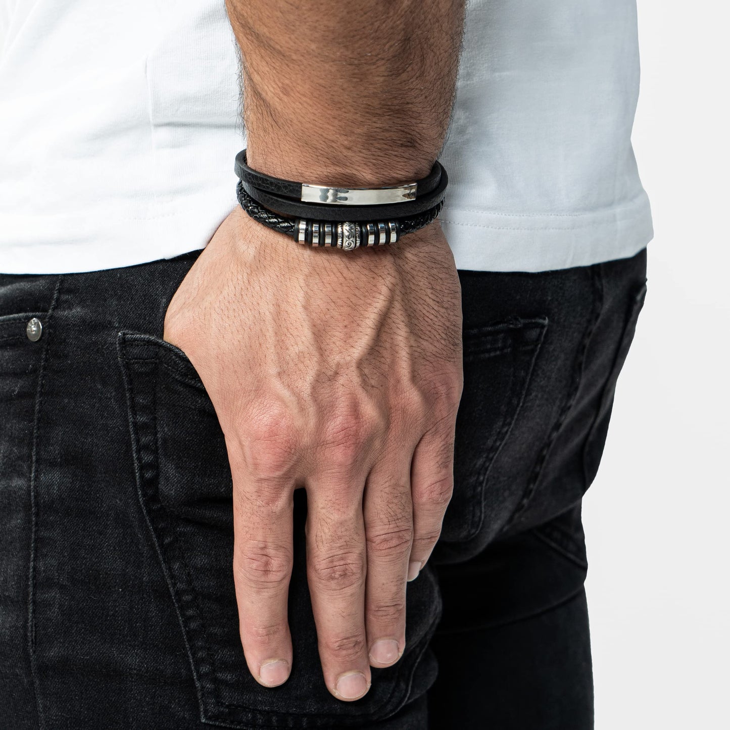 SERASAR 8″ Silver Leather Bracelets for Men Mens Cowhide Gift Box Braided Bracelet Stainless Steel Jewelry Wrist Band Cuff Wrap Rope Bangle Dad Pulseras para Hombres Cuero Regalo