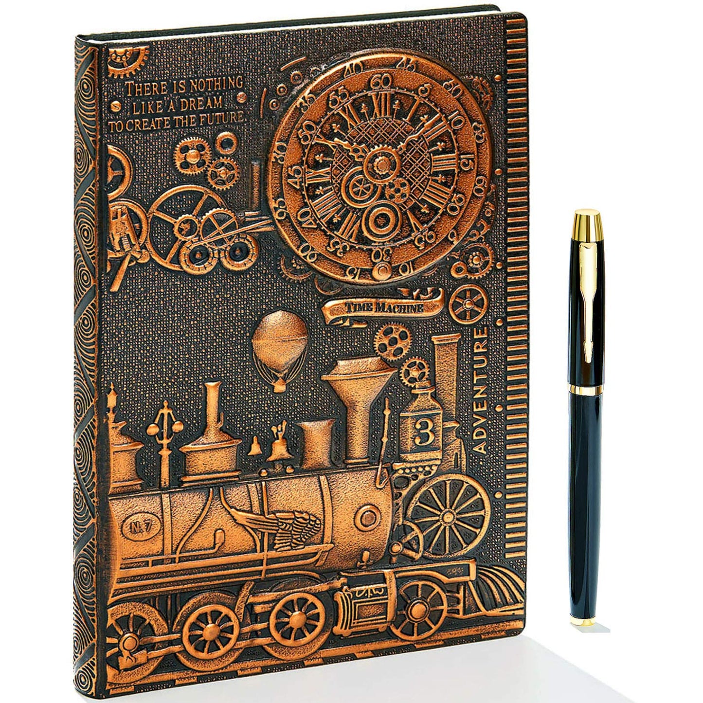 fengco Vintage Train Embossed Leather Writing Journal Notebook with Pen Set,Antique Handmade Daily Notepad Sketchbook,Travel Diary Notebooks to Write in,Gift for Men Women (A5(8.4"*5.7"), RedBronze)