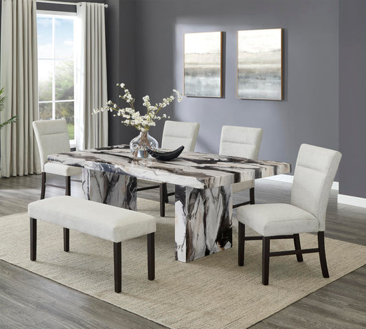 Roundhill Furniture Cavira Modern Faux Marble Dining Table with 4 Chairs and Bench