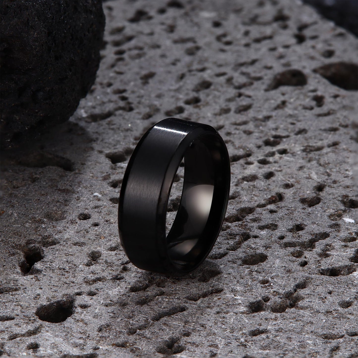 Jstyle Stainless Steel Rings for Men Women 8MM Wedding Band Rings Matte Surface - Beveled Polished Edge Mens Ring Size 6 Black Ring for Men