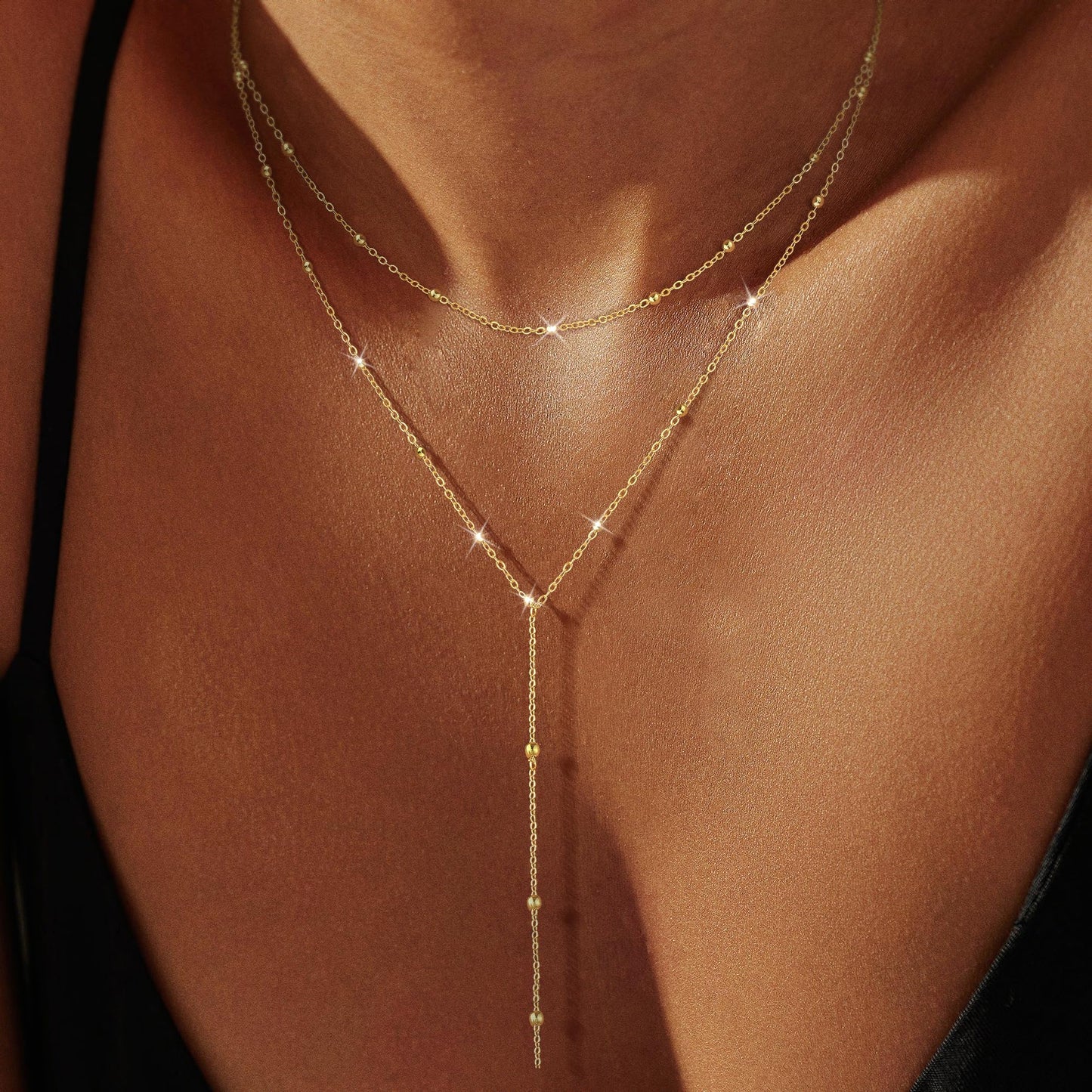 Lariat Gold Necklace for Women Waterprooof, Layered Long Necklaces 14k Gold Plated/Silver Y-Shaped Beaded Chain Drop Necklace Body Chain Trendy Beach Accessories Fashion Gold Jewelry for Women Gift