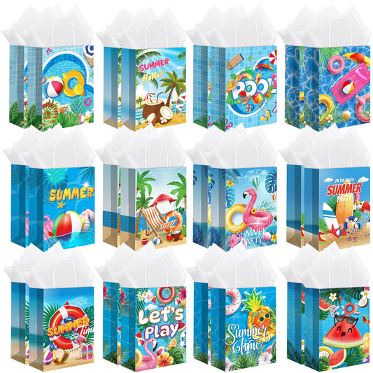 MIMIND Summer Beach Party Paper Bags with Tissue Paper 48 Pack Pool Kraft Goodie Candy Gift Treat Bags with Handles for Summer Luau Tropical Beach Party Favors Supplies