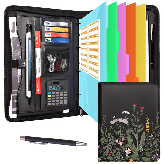 Eshow Portfolio Organizer - 3 Ring Binder with Zipper, Vegan Leather Business Padfolio Folder with Notepad Includes 5 Colorful Sheet Protectors for Documents Files for Women