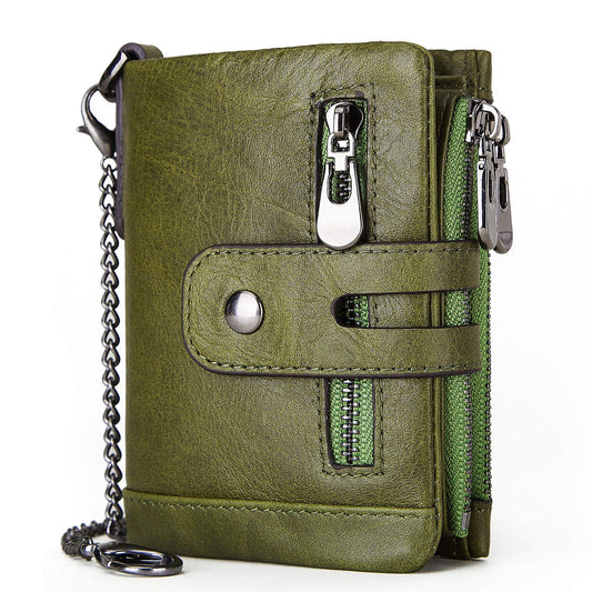 gzcz Men Wallets with Chain Genuine Leather Purse RFID Blocking Minimalist Bifold Wallet with Zipper Coin Pocket ID Window, Green