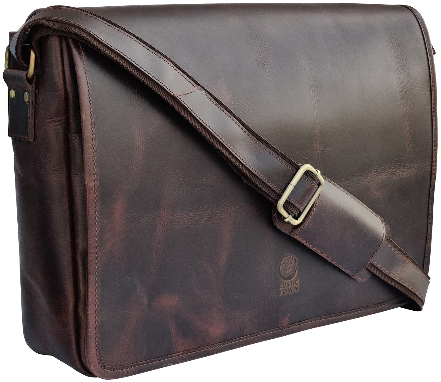 RUSTIC TOWN Leather Messenger Bag for Men Women - Full Grain Leather Laptop Satchel Office Shoulder Bag (16-Inch, Dark Brown)