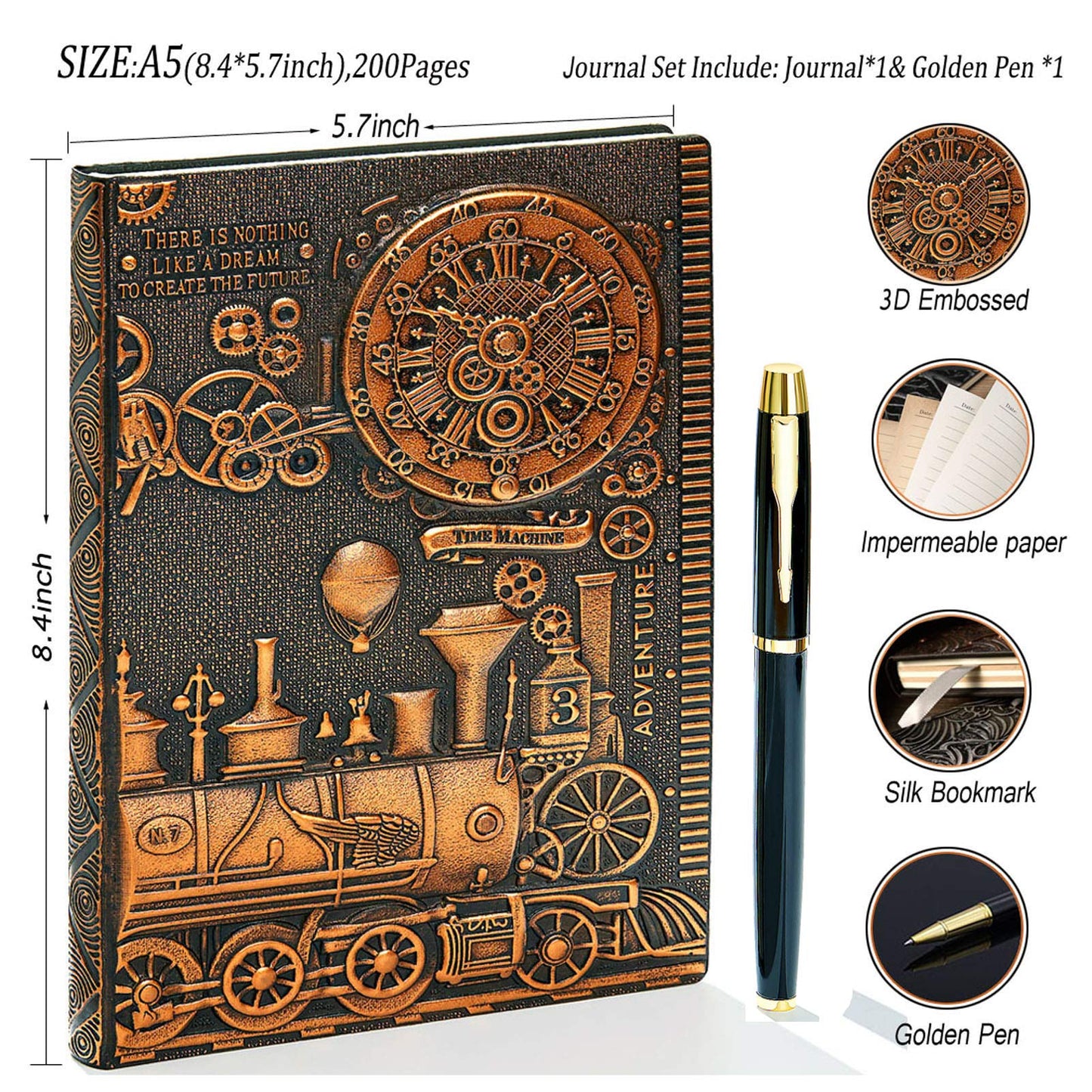 fengco Vintage Train Embossed Leather Writing Journal Notebook with Pen Set,Antique Handmade Daily Notepad Sketchbook,Travel Diary Notebooks to Write in,Gift for Men Women (A5(8.4"*5.7"), RedBronze)